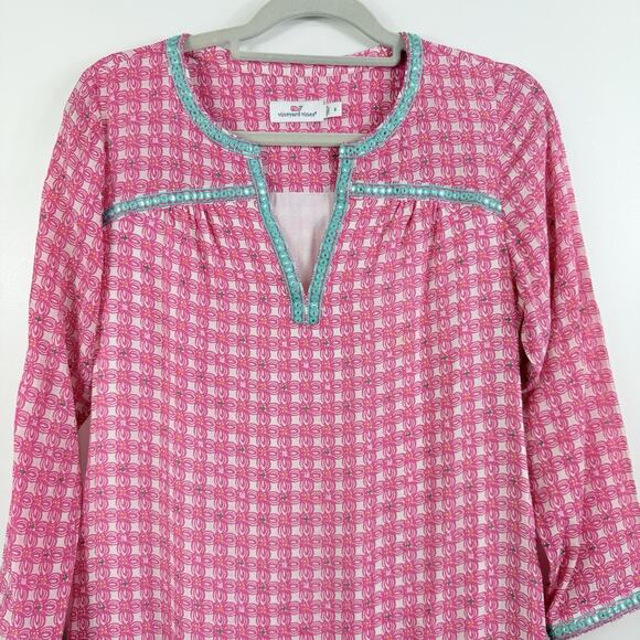 Vineyard Vines Cowrie Shell Mirrored 100% Silk Tunic Dress Size 4 Embroidered - Picture 2 of 16
